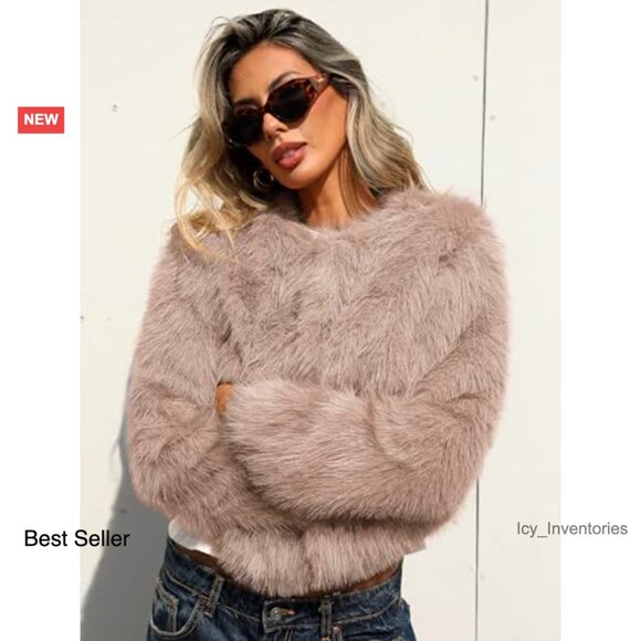 Fluffy Faux Fur Cropped Coat Soft Warm Winter Jacket with Hidden Hooks Pockets - Picture 4 of 7